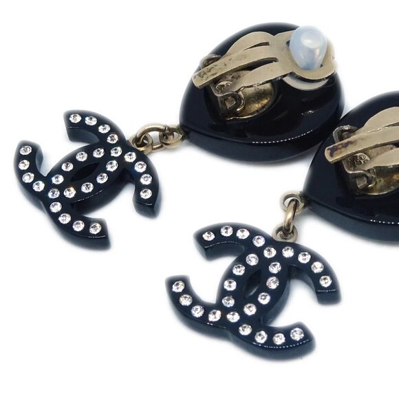 Chanel Rhinestone CC Heart Dangle Earrings Clip-On Black 09C 161982 - Picture 2 of 4